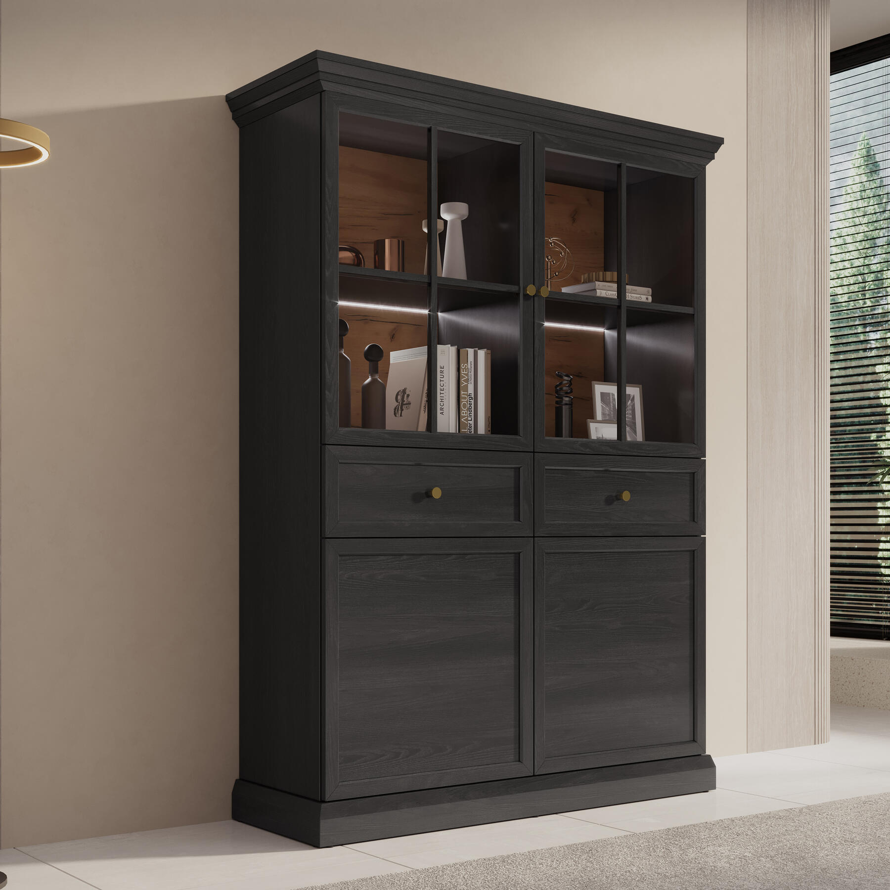 Meubella Vitrinekast Leroy - Zwart eiken - 114 cm