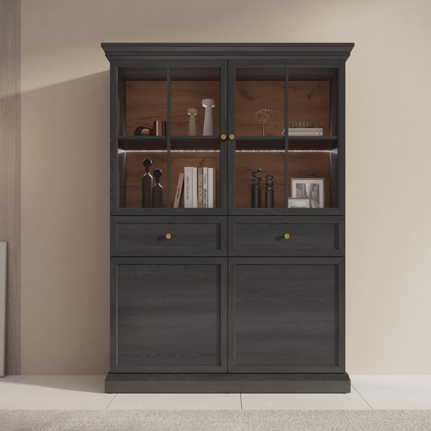 Meubella Vitrinekast Leroy - Zwart eiken - 114 cm