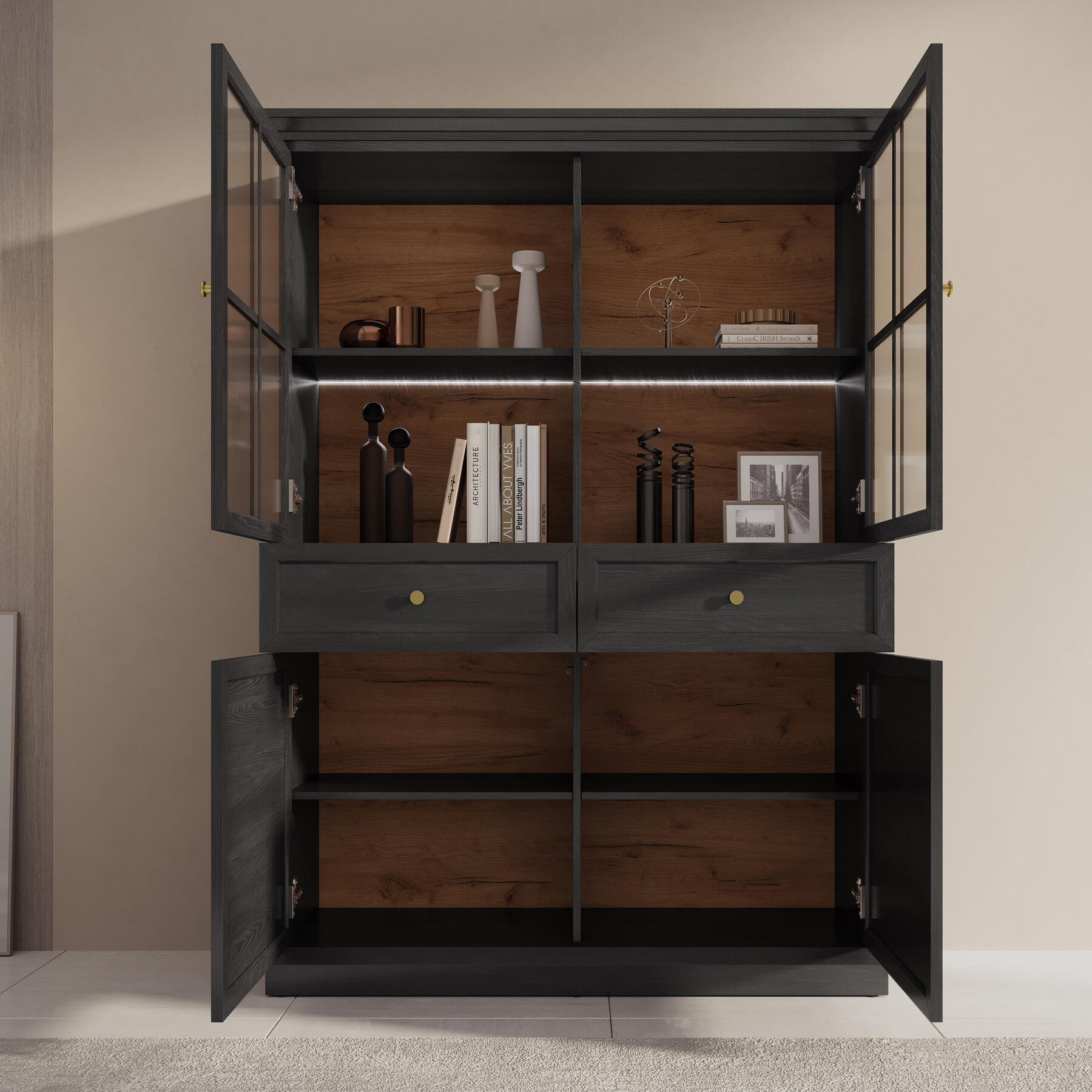 Meubella Vitrinekast Leroy - Zwart eiken - 114 cm