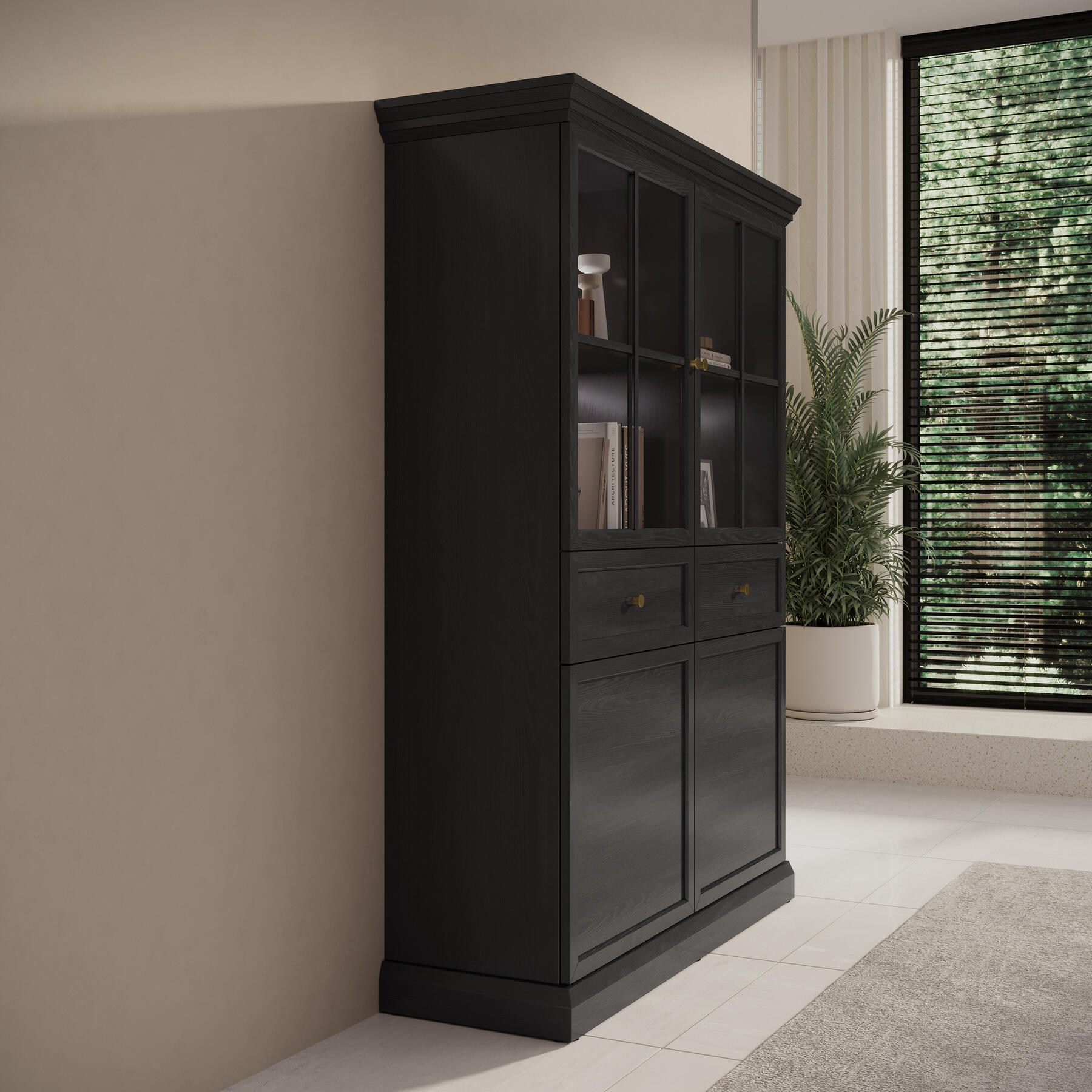 Meubella Vitrinekast Leroy - Zwart eiken - 114 cm