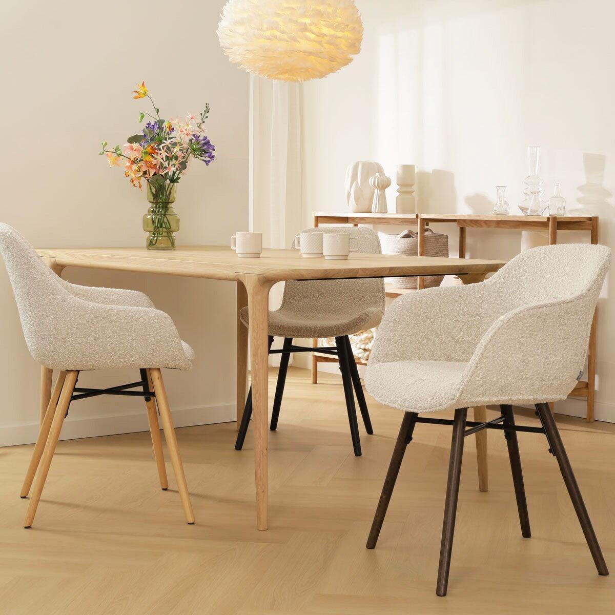Nolon Nena-Mare Eetkamerstoel Bouclé Beige - Armleuning - Houten Poten