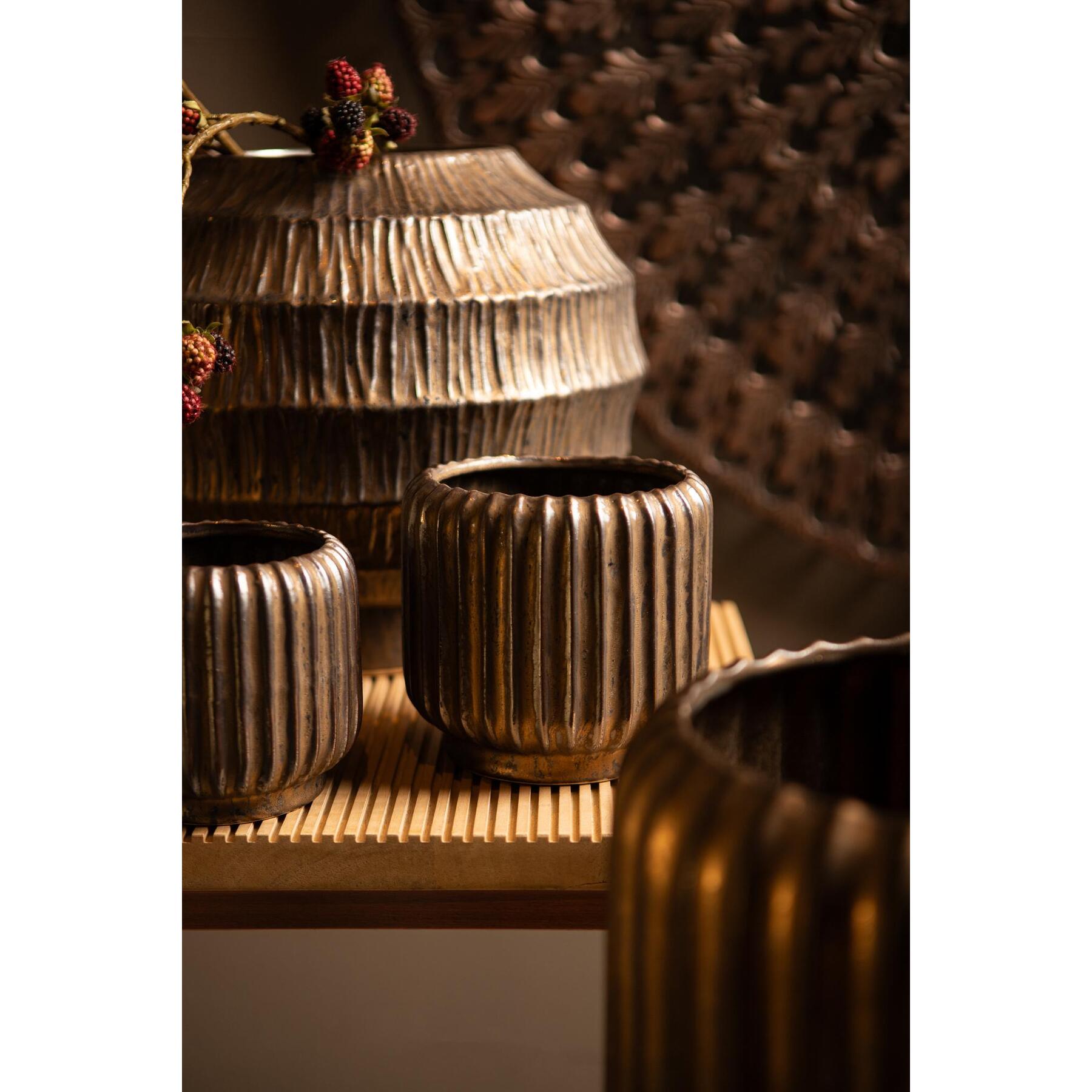 PTMD Cherith Bronze round ceramic pot ribbed S