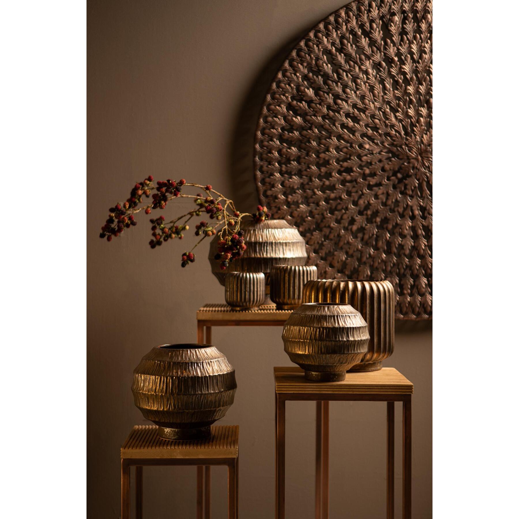 PTMD Cherith Bronze round ceramic pot ribbed S