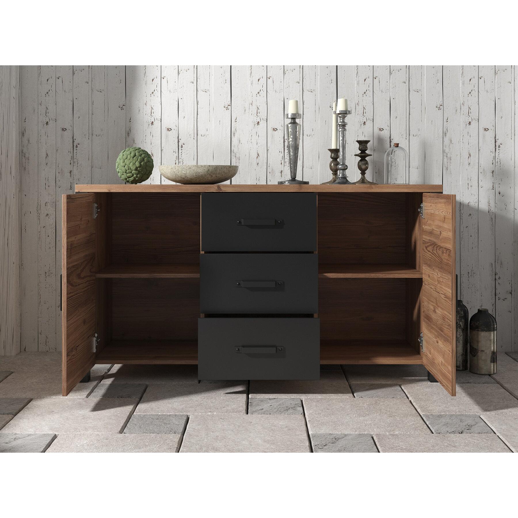 Meubella - Dressoir Olivia - Zwart - Eiken - 147 cm