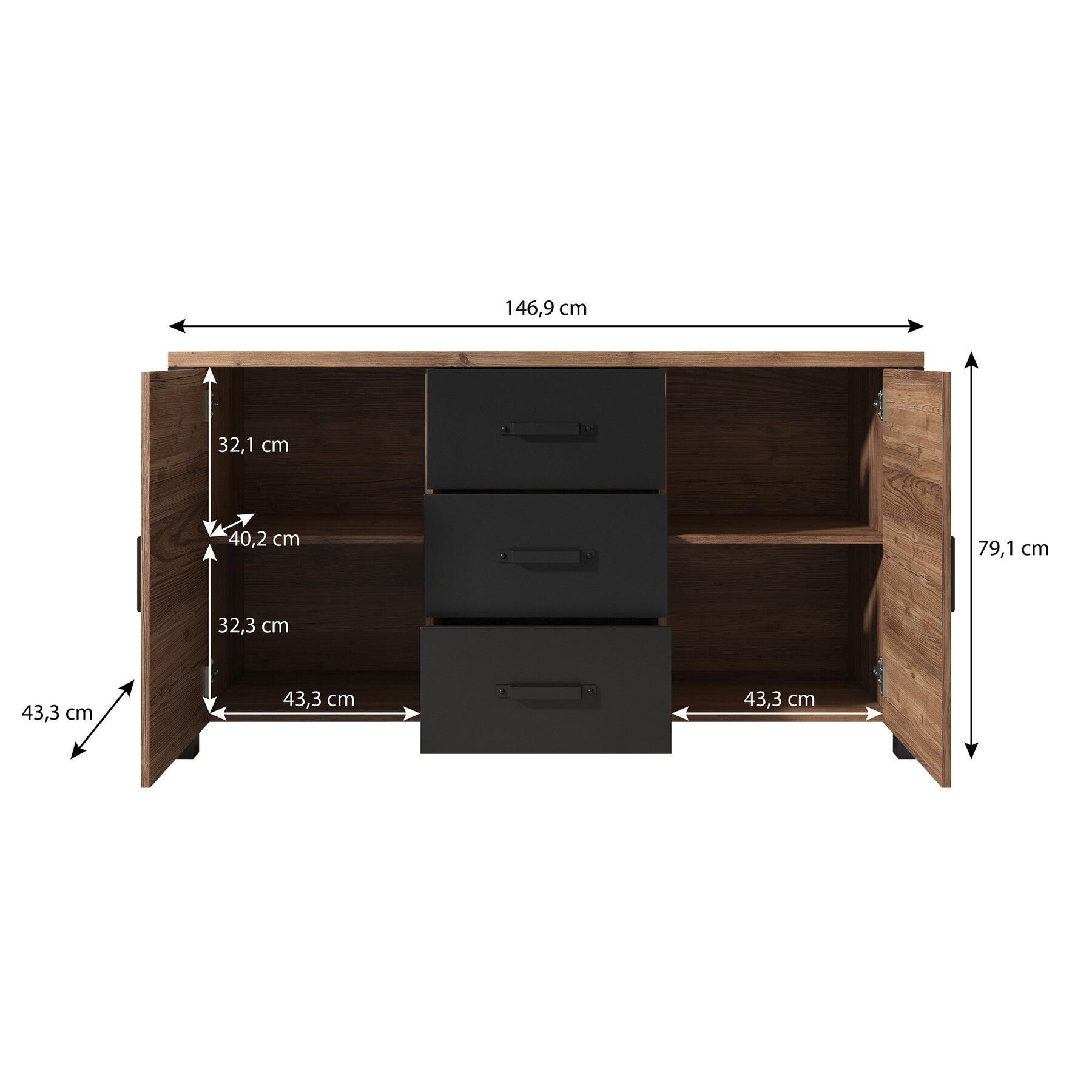 Meubella - Dressoir Olivia - Zwart - Eiken - 147 cm