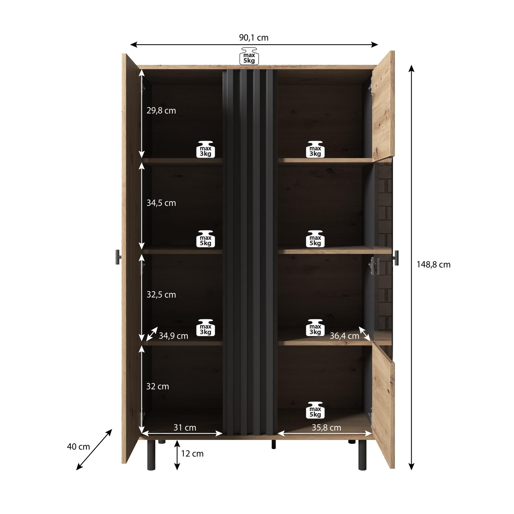 Meubella - Vitrinekast Marcos - Eiken - Antraciet - 90 cm