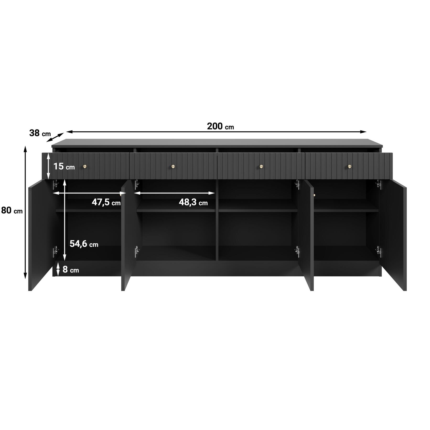 Meubella - Dressoir Dream - Zwart - 200 cm