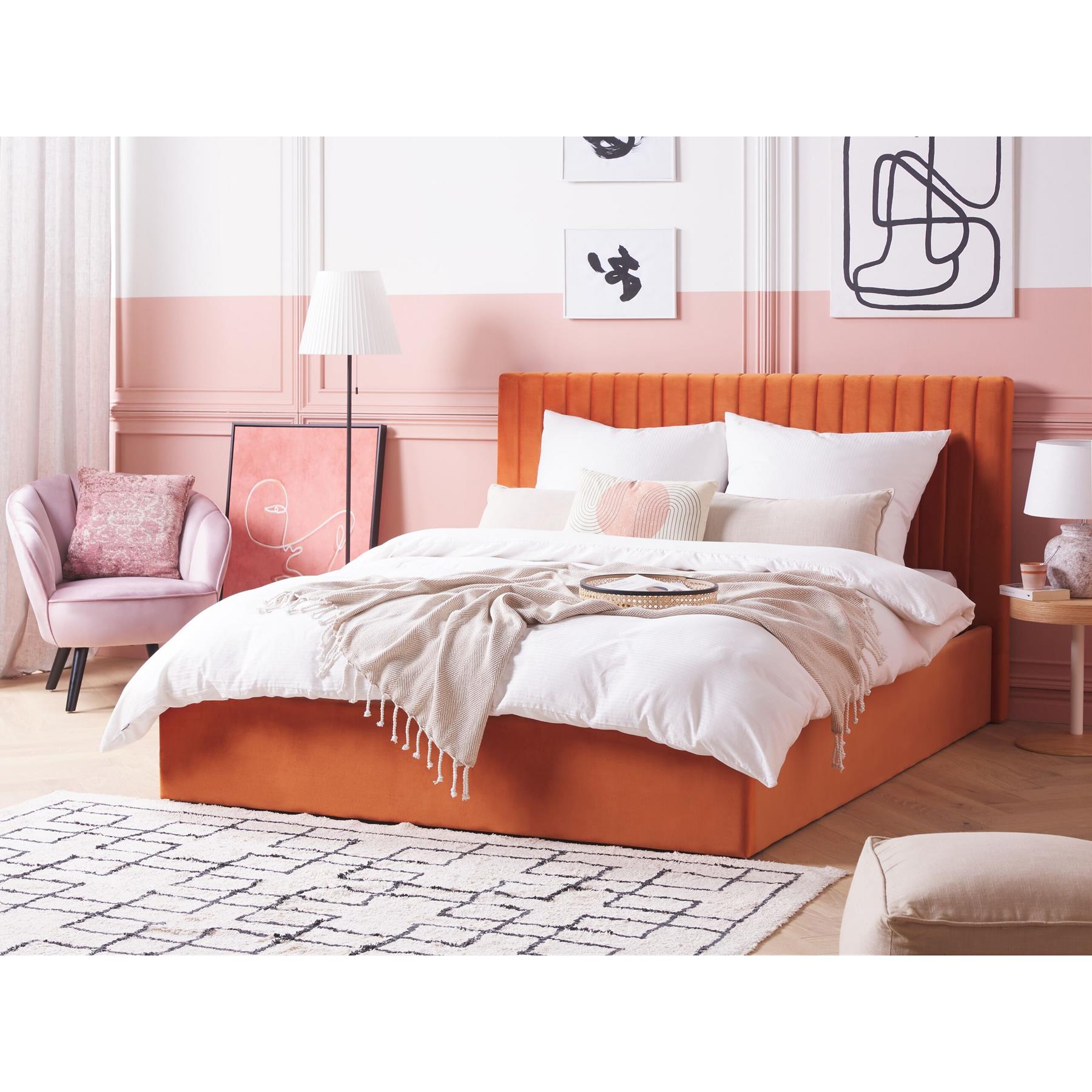 Beliani-VION-Bed met opbergruimte-Oranje-160 x 200 cm-Fluweel