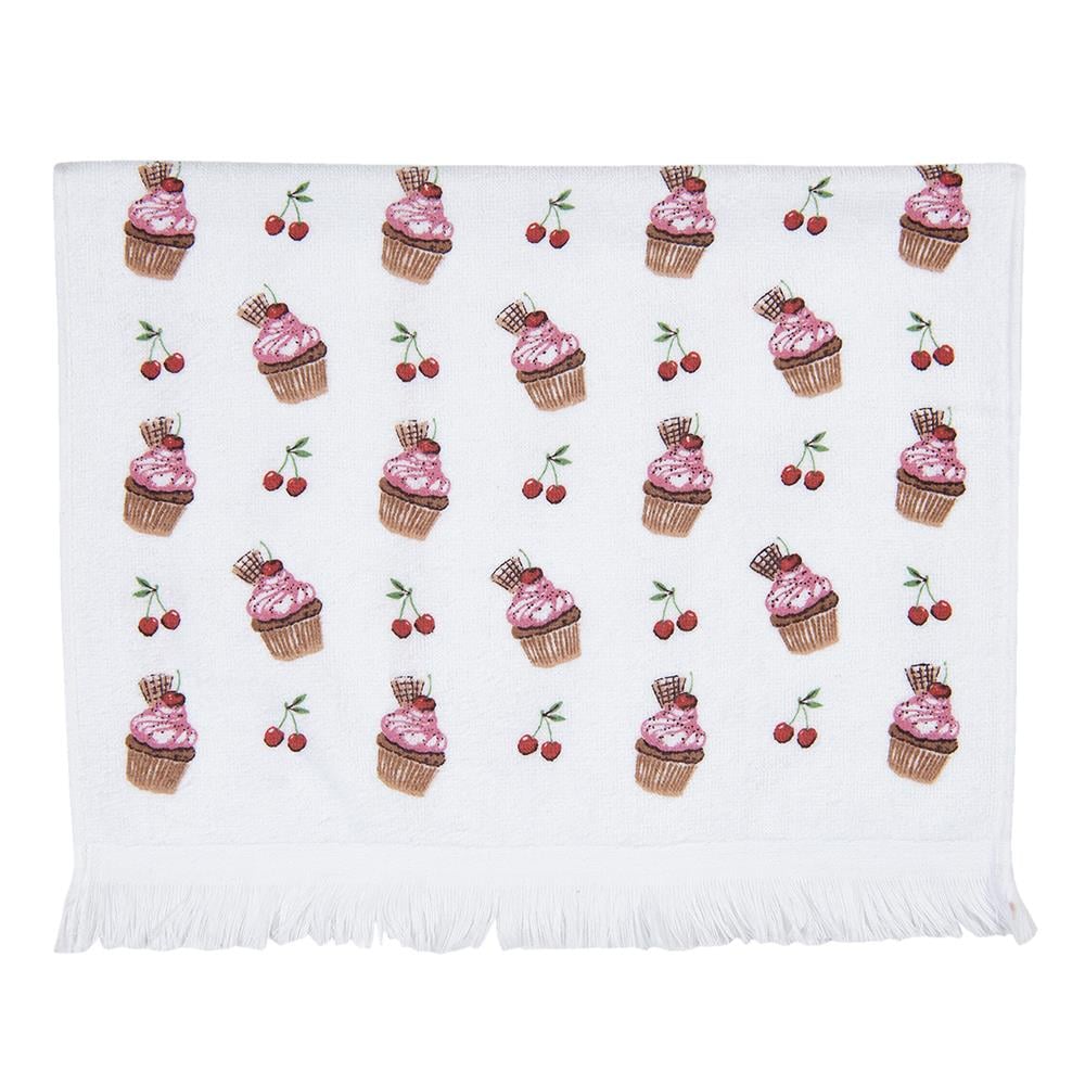 Clayre & Eef Gastendoekje  40x66 cm Wit Roze Katoen Rechthoek Cupcake