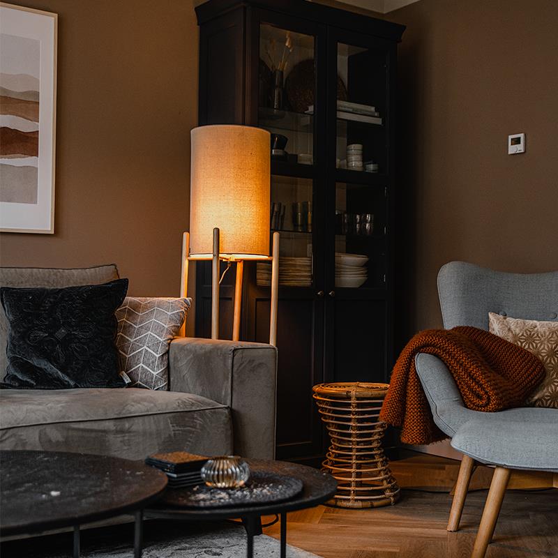 QAZQA Landelijke vloerlamp hout met grijze kap - Lengi