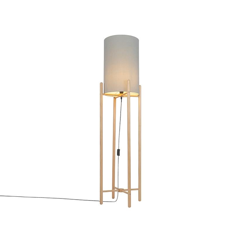 QAZQA Landelijke vloerlamp hout met grijze kap - Lengi