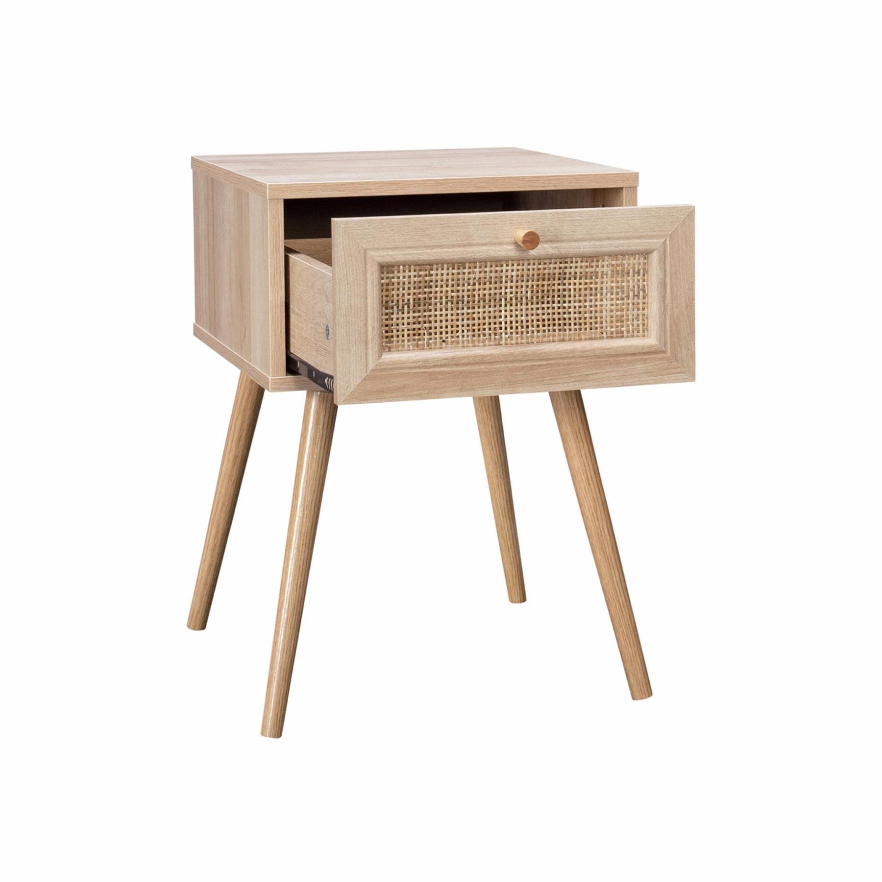 sweeek - Nachtkastje met hout- en rietmotief, 1 lade