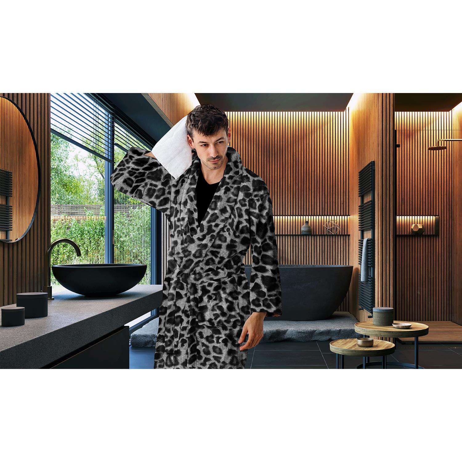 LINNICK Flanel Fleece Badjas Leopard - zwart|wit
