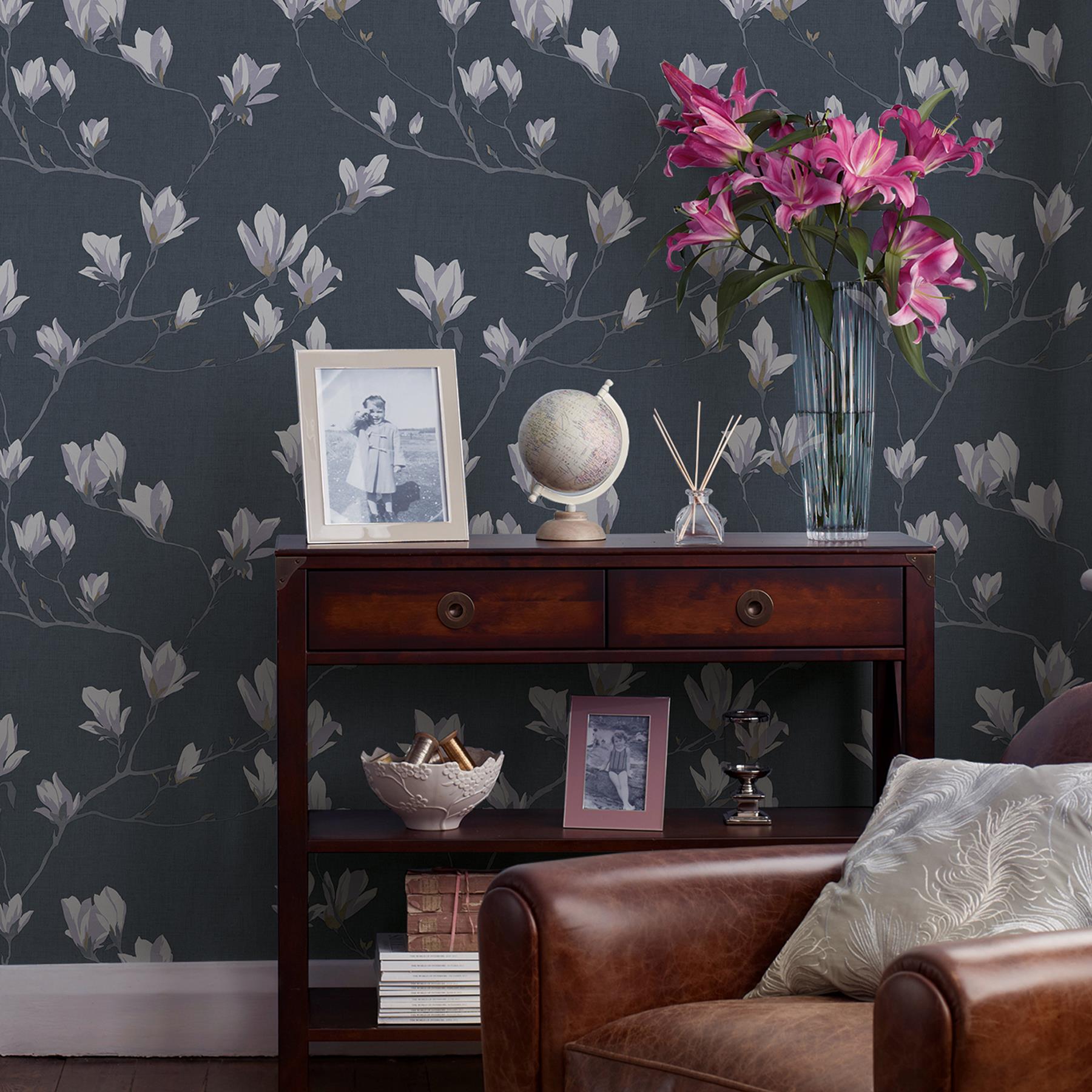 Laura Ashley Magnolia Grove Behang - Bloemen - 10mx52cm - Grijs