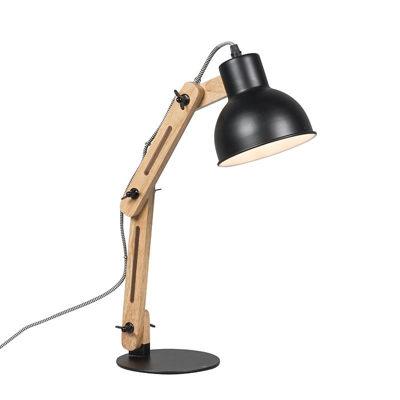 QAZQA Industriële tafellamp zwart met hout - Woodi