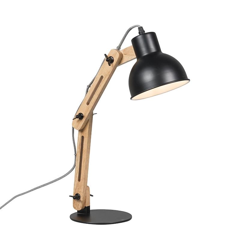 QAZQA Industriële tafellamp zwart met hout - Woodi