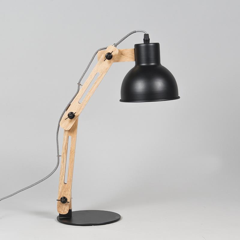 QAZQA Industriële tafellamp zwart met hout - Woodi