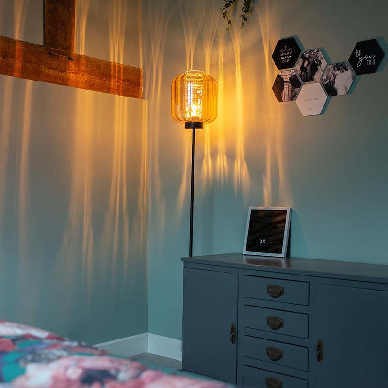 QAZQA Design vloerlamp zwart met amber glas - Qara