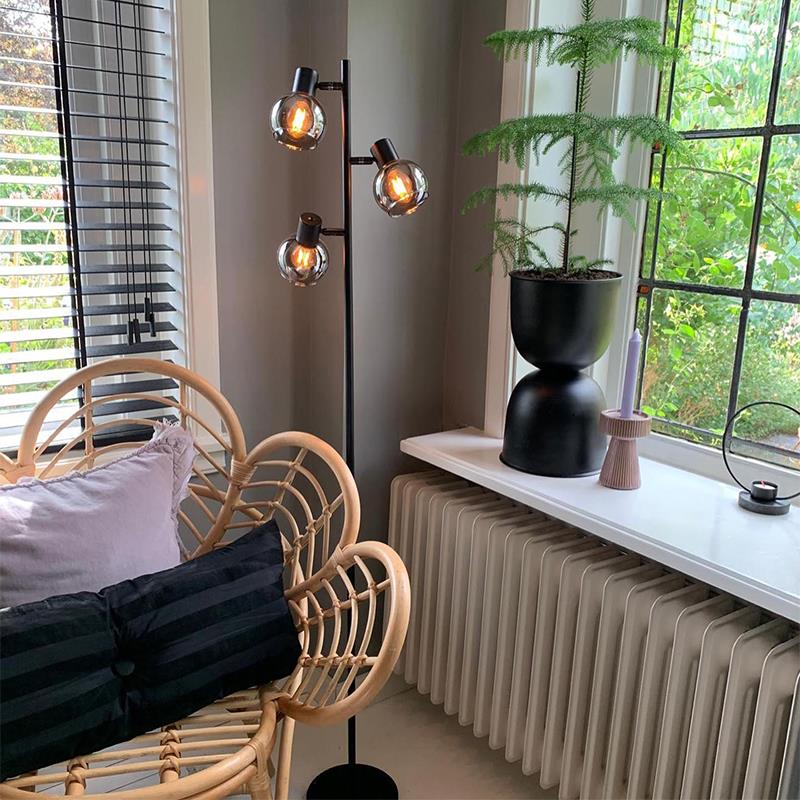 QAZQA Art Deco vloerlamp zwart 3-lichts met smoke glas - Vidro