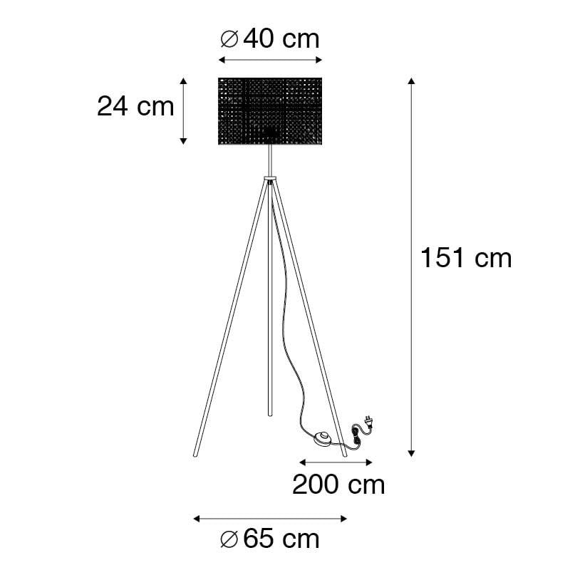 QAZQA Landelijke vloerlamp tripod zwart met rotan kap - Kata
