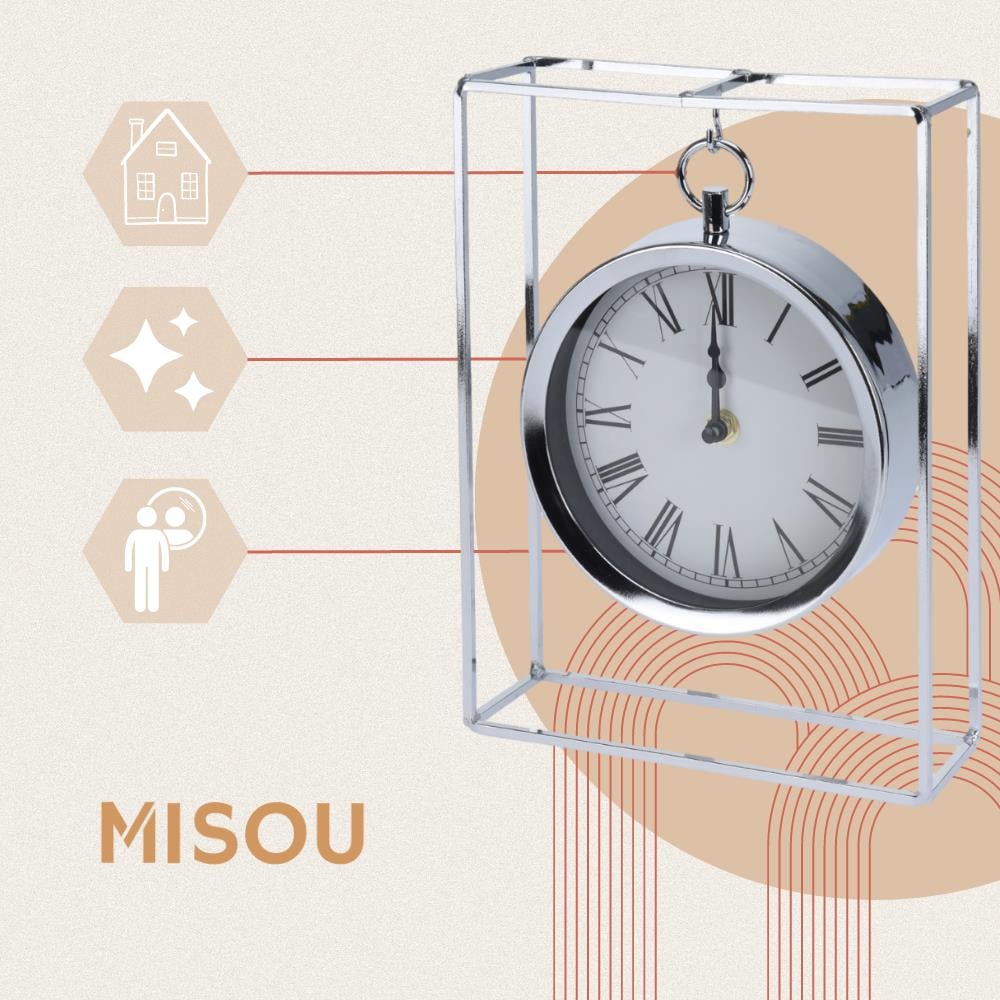 MISOU Tafelklok Hangmodel Zilver Metaal 25 cm Klok op Standaard Bin...