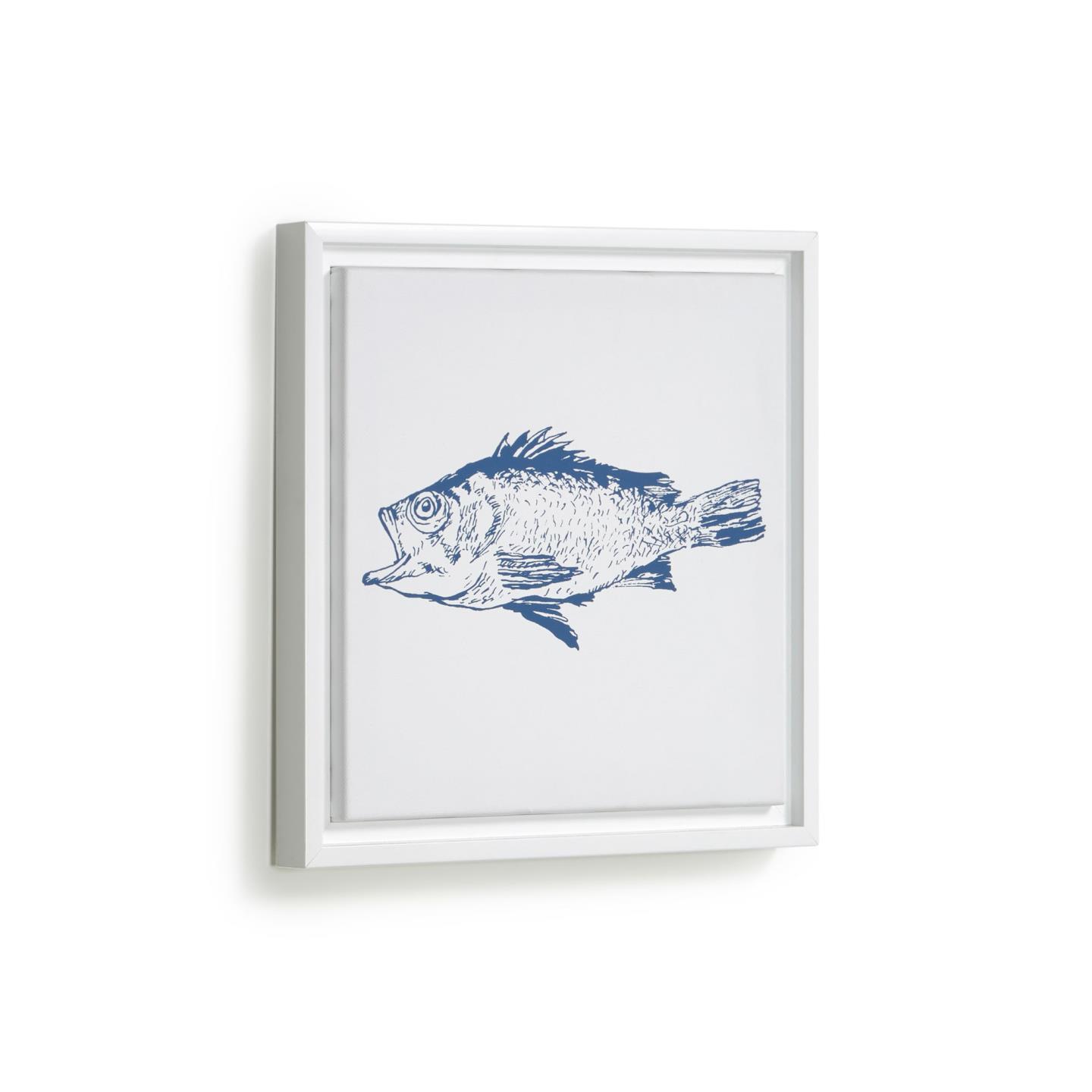 Kave Home - Lavinia houten wit schilderij vis blauw 30 x 30 cm