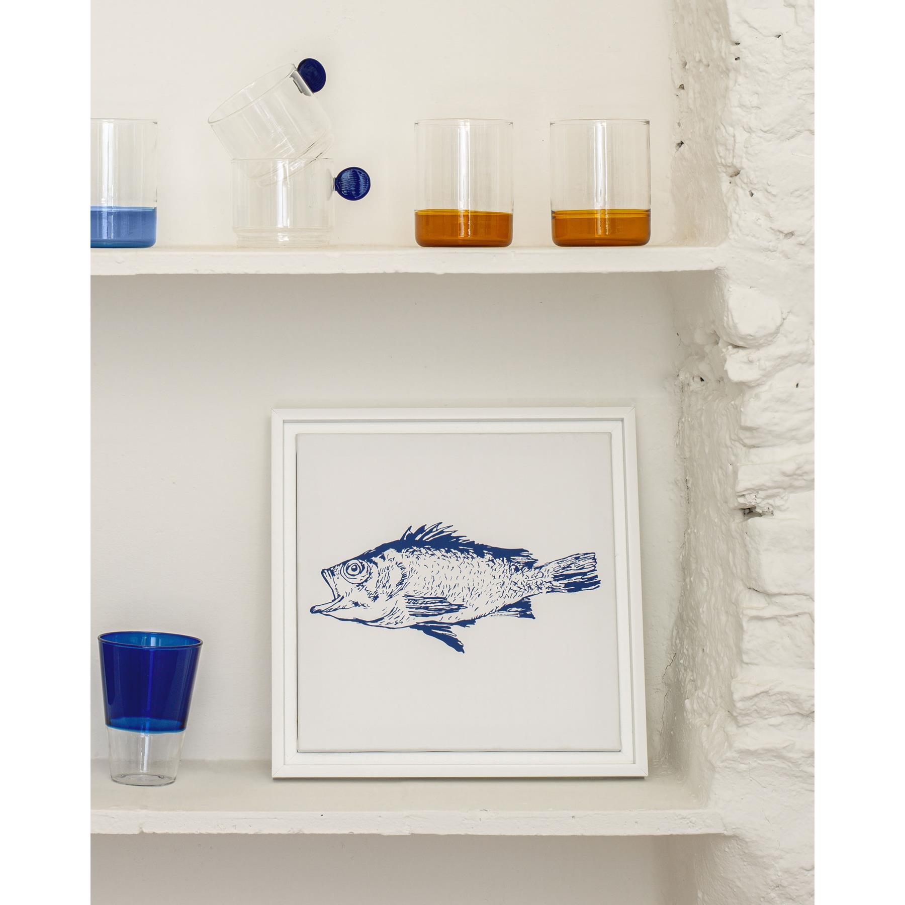 Kave Home - Lavinia houten wit schilderij vis blauw 30 x 30 cm