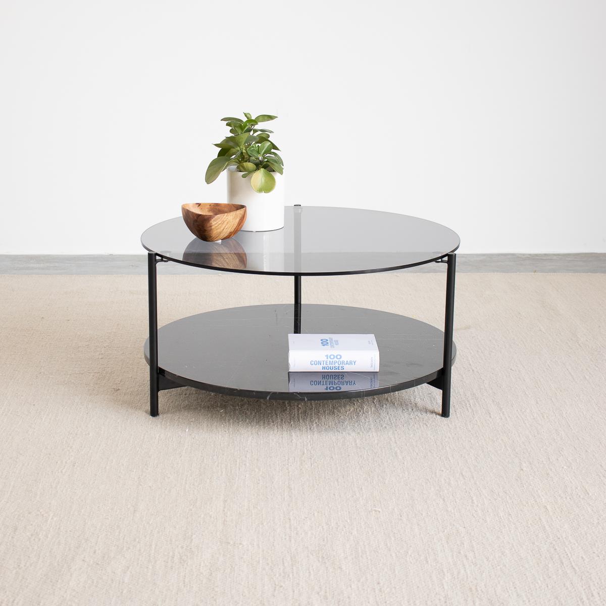 Furnified - Kate Salontafel - Grijs Glas|Zwarte Voet (Ø75|H38cm)