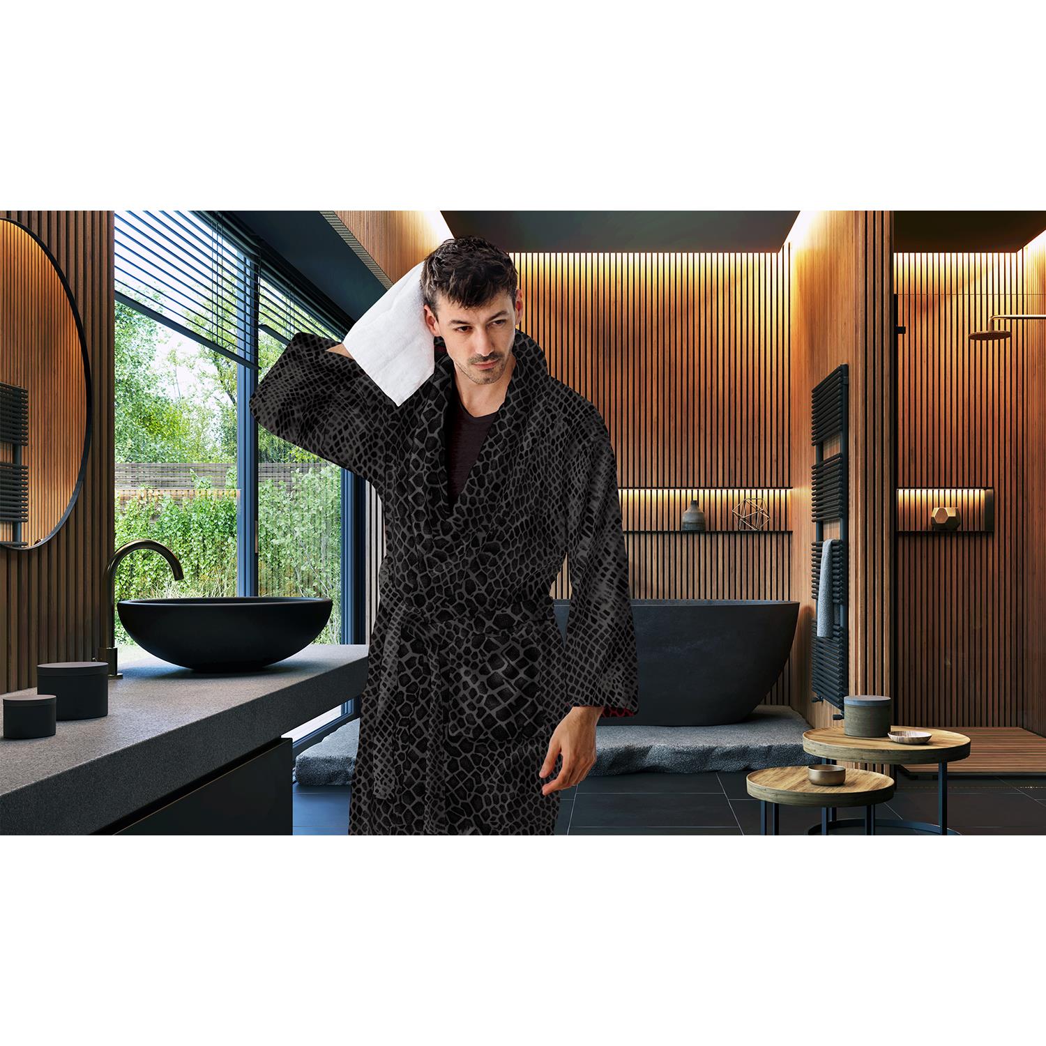 LINNICK Flanel Fleece Badjas Snake - zwart|antraciet