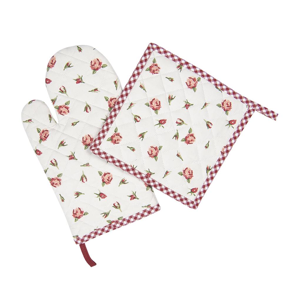 Clayre & Eef Ovenwant  18x30 cm Rood Wit Katoen Rozen Ovenhandschoen
