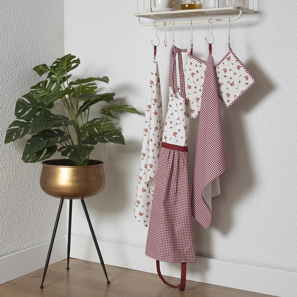 Clayre & Eef Ovenwant  18x30 cm Rood Wit Katoen Rozen Ovenhandschoen