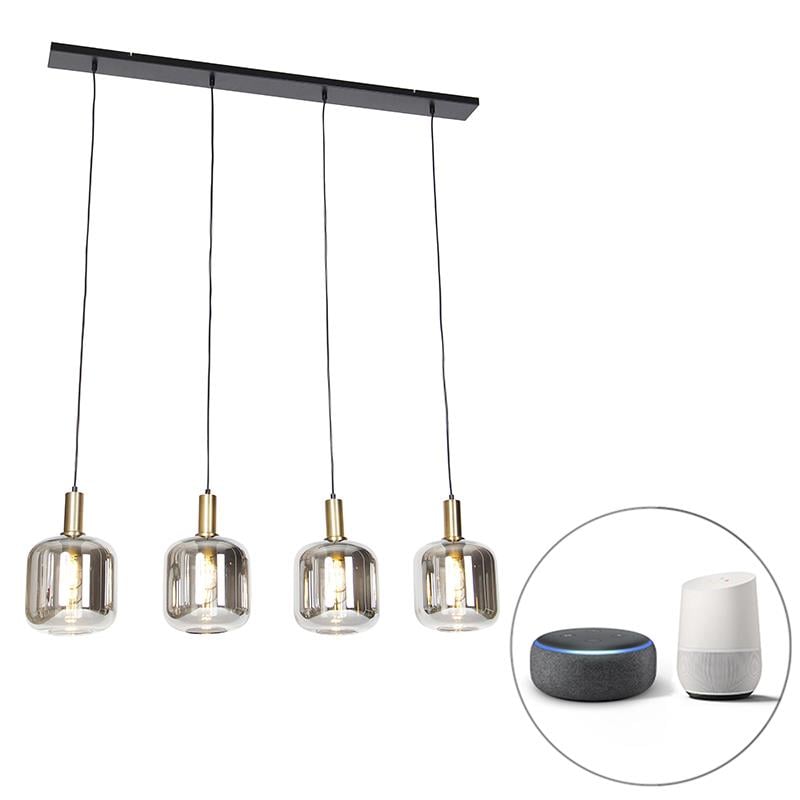 QAZQA Smart hanglamp zwart met smoke glas 4-lichts incl. Wifi A60 -