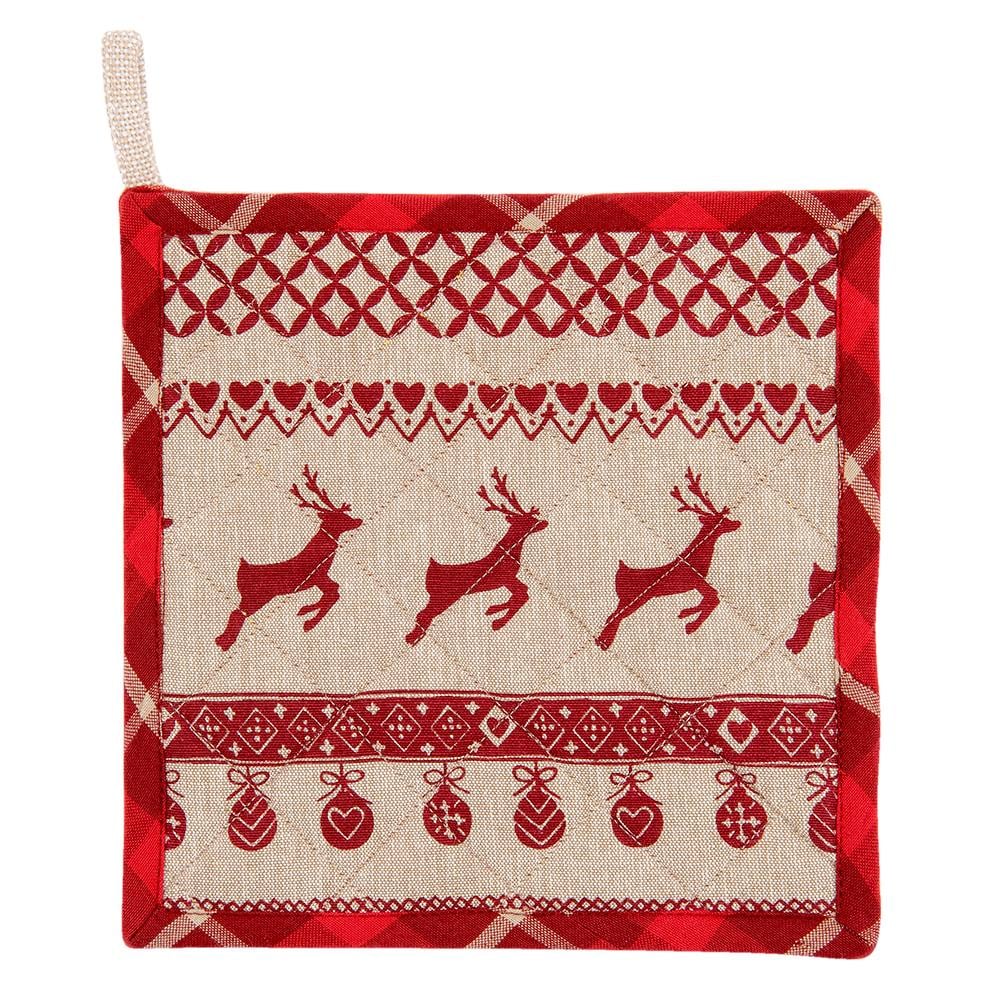 Clayre & Eef Pannenlap  20x20 cm Rood Beige Katoen Vierkant Kerst