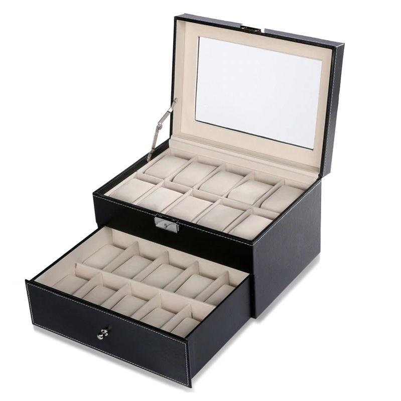 Aretica Horlogebox luxe met 20 horloge compartimenten zwart