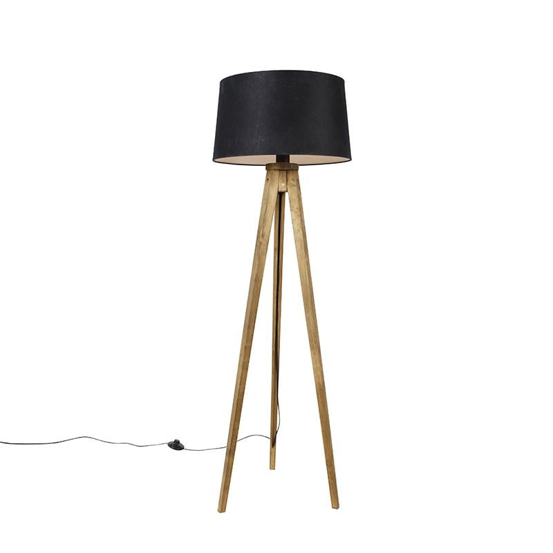 QAZQA Landelijke tripod vintage hout met linnen kap zwart 45 cm -