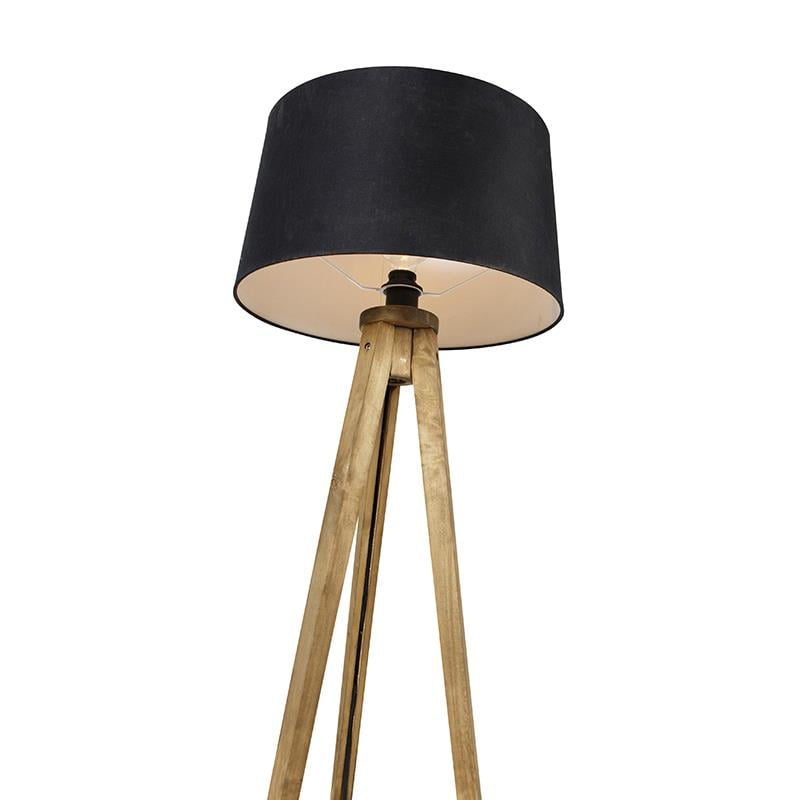 QAZQA Landelijke tripod vintage hout met linnen kap zwart 45 cm -
