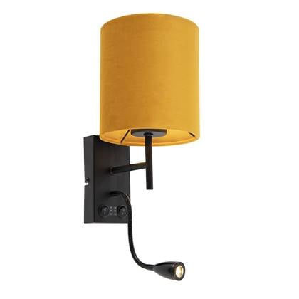 QAZQA Wandlamp zwart met velours gele kap - Stacca Geel