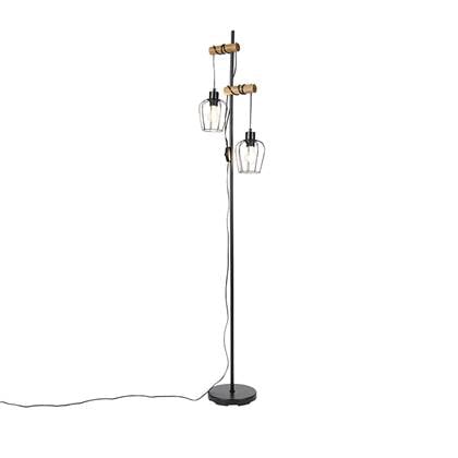 QAZQA Landelijke vloerlamp zwart met hout 2-lichts - Stronk afbeelding