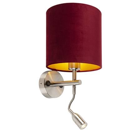 QAZQA Wandlamp staal met leeslamp en kap velours 20|20|20 rood