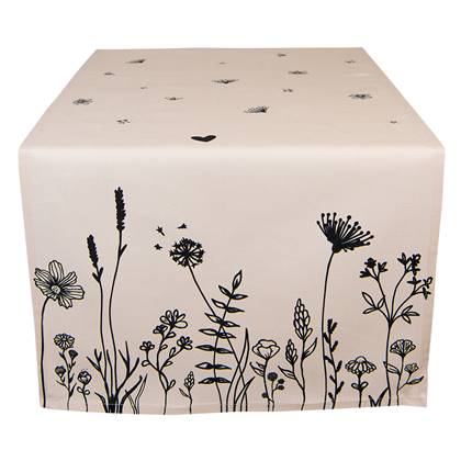 Clayre & Eef Tafelloper 50x140 cm Beige Zwart Katoen Bloemen
