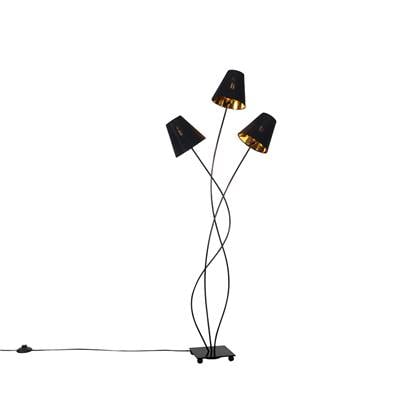 QAZQA Design vloerlamp zwart met goud 3-lichts - Melis