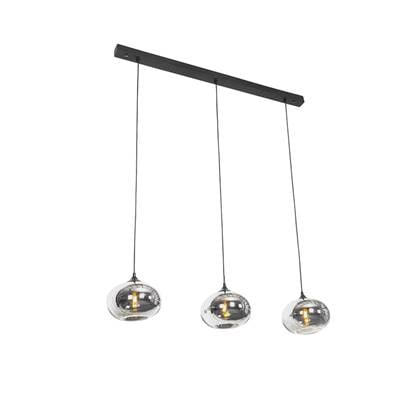 QAZQA Art Deco hanglamp zwart met glas smoke langwerpig 3-lichts -