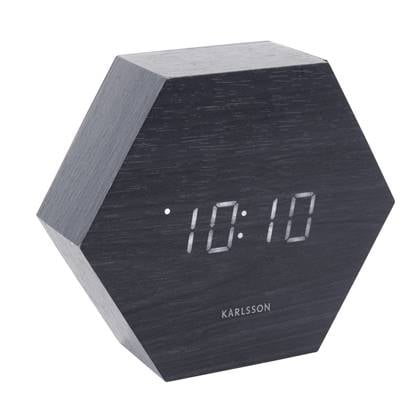 Alarmklok Hexagon zwart houtfineer wit LED Karlsson
