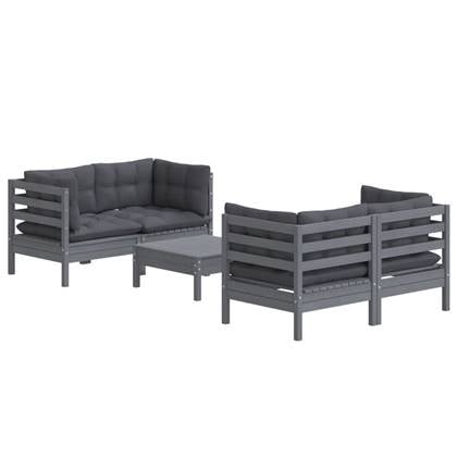 vidaXL 5-delige Loungeset met antracietkleurige kussens grenenhout