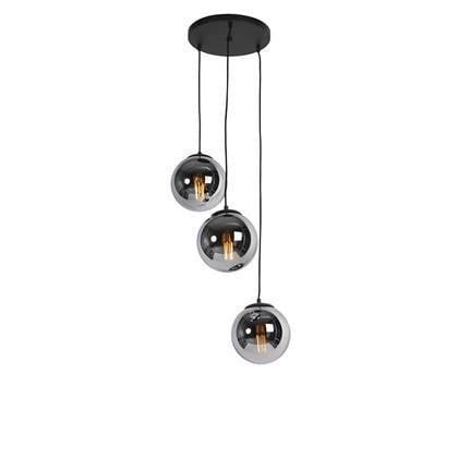 QAZQA Art deco hanglamp zwart met smoke glas 3-lichts - Pallon