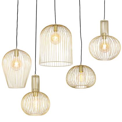 QAZQA Set van 5 design hanglampen goud - Wires
