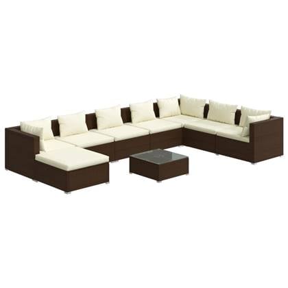 vidaXL 9-delige Loungeset met kussens poly rattan bruin