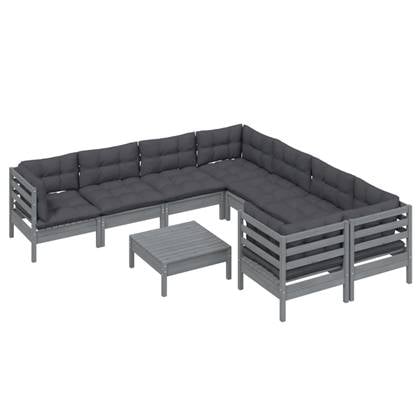 vidaXL 9-delige Loungeset met kussens grenenhout grijs