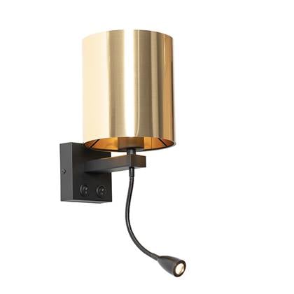 QAZQA Wandlamp zwart met flexarm en kap 15 cm - Brescia Goud