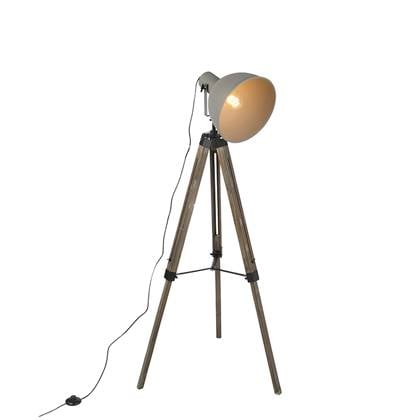 QAZQA Industriële vloerlamp op houten tripod met grijze kap - Laos